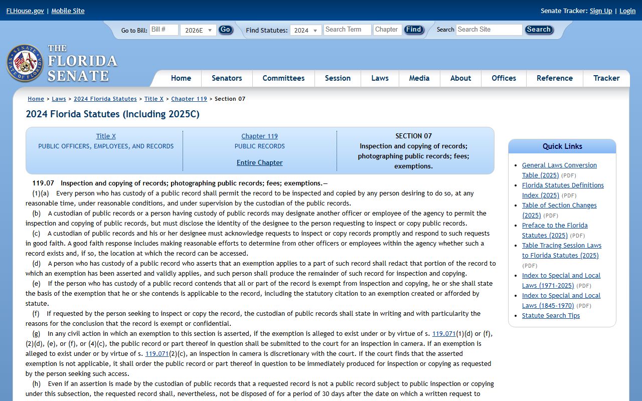 Florida Statutes 119.07 on inspection and copying of Pasco County Clerk records