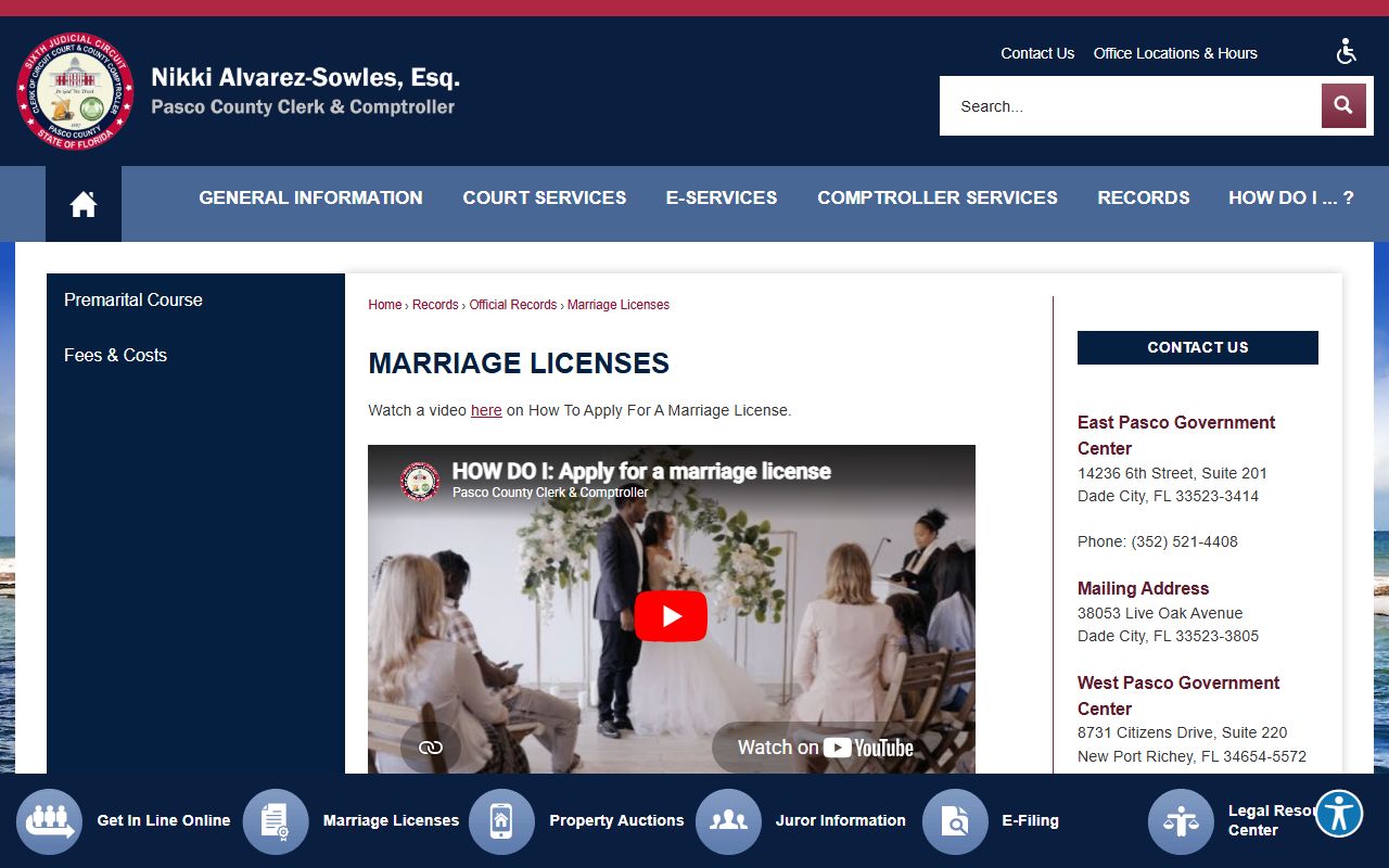 Pasco County marriage and divorce records, marriage license requirements page