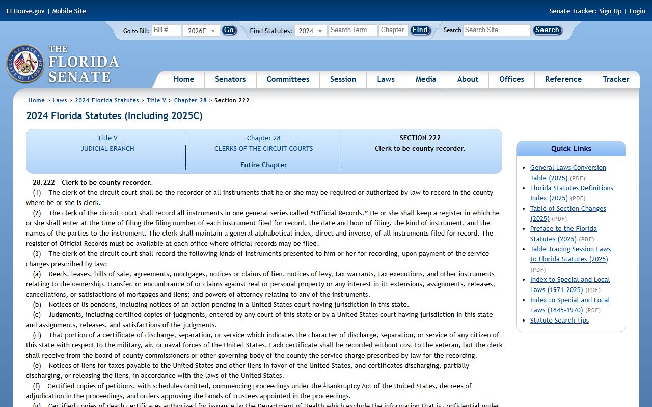 Florida Statutes 28.222 naming the Pasco County Clerk as county recorder