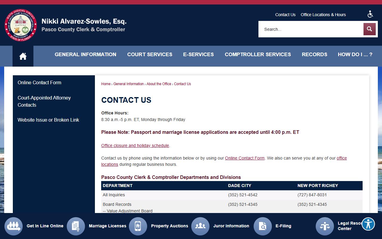 Pasco County Clerk contact page with department phone numbers