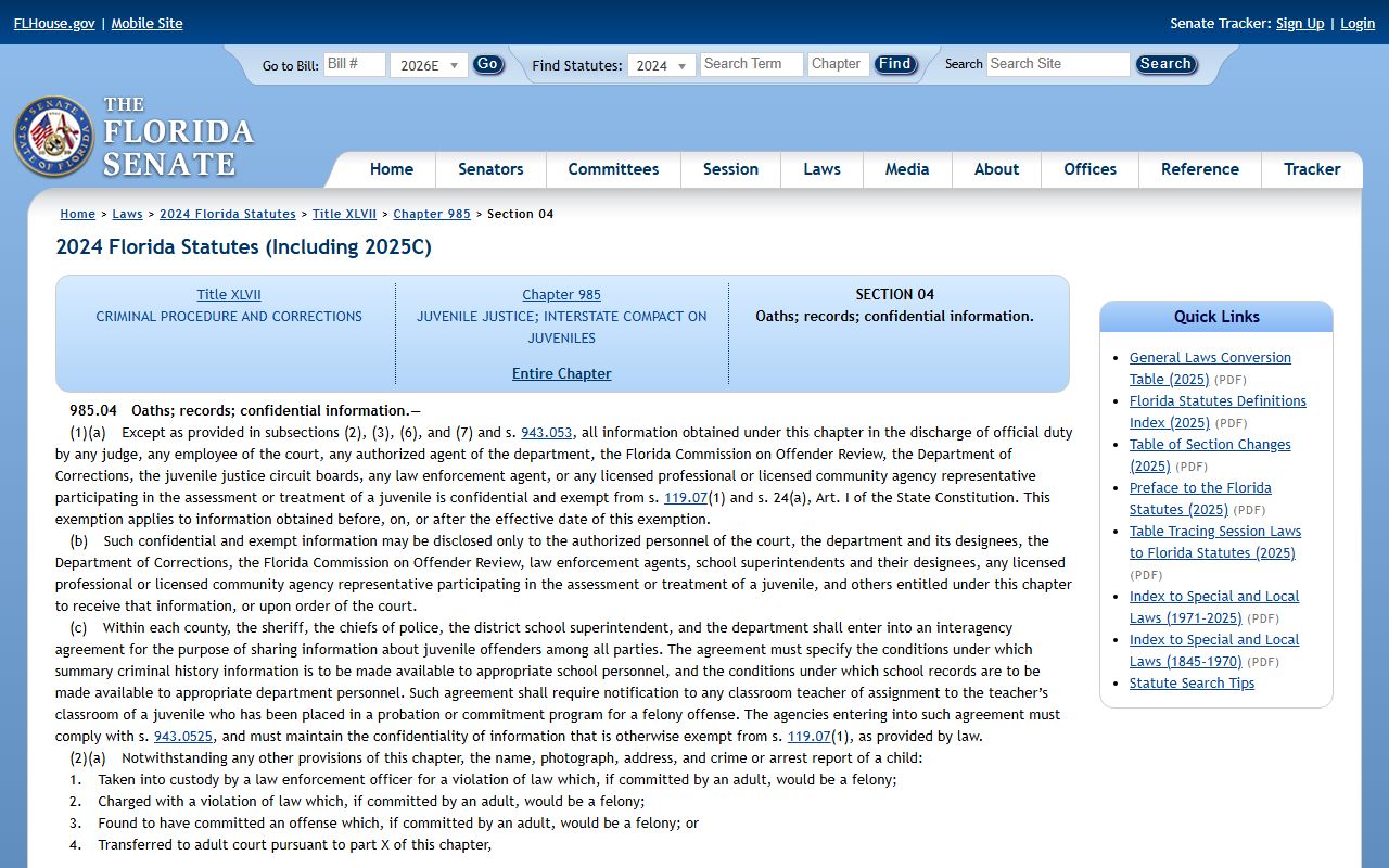 Florida Statutes 985.04 juvenile records page relevant to Pasco County Court