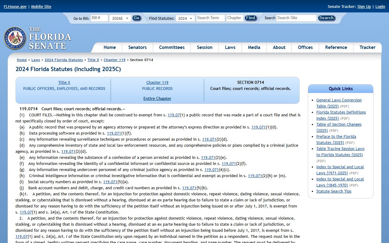 Florida court access rules statute 119.0714 for Pasco County court records