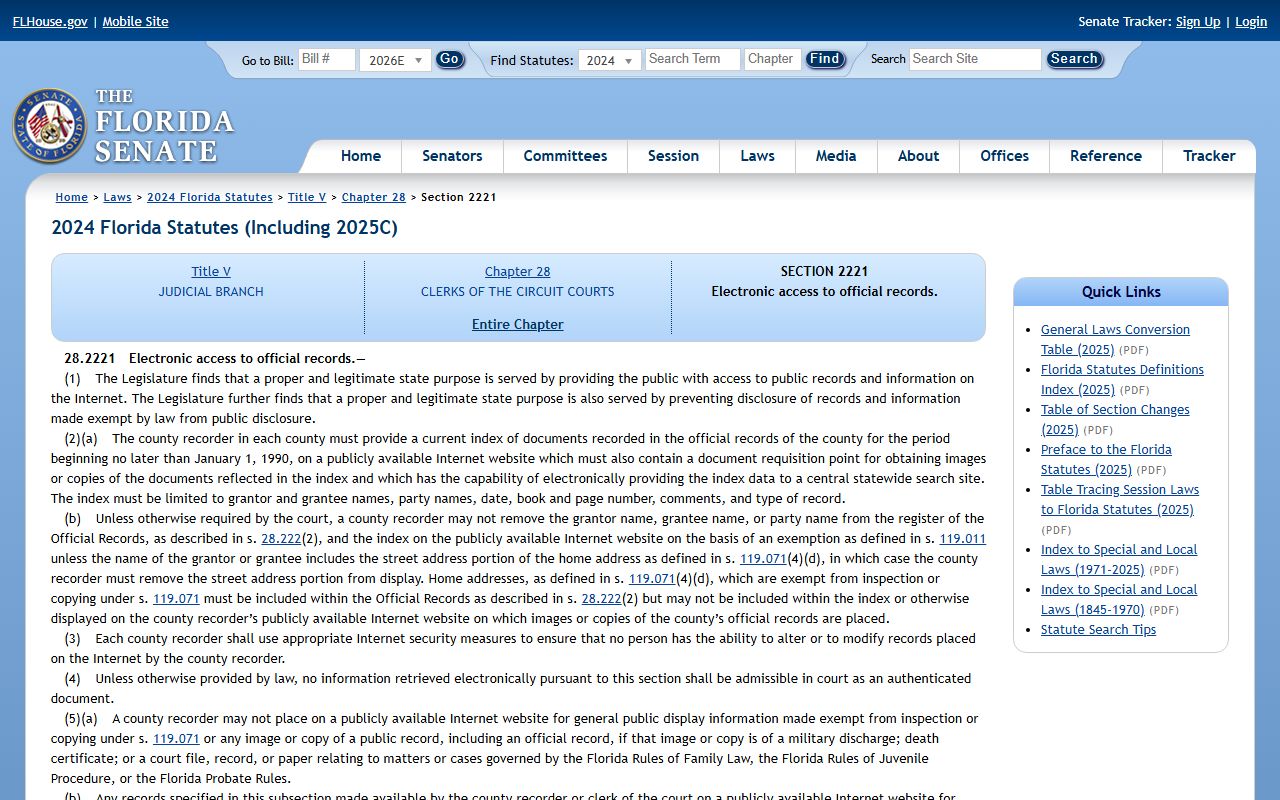 Florida court access rules statute 28.2221 for Pasco County court records