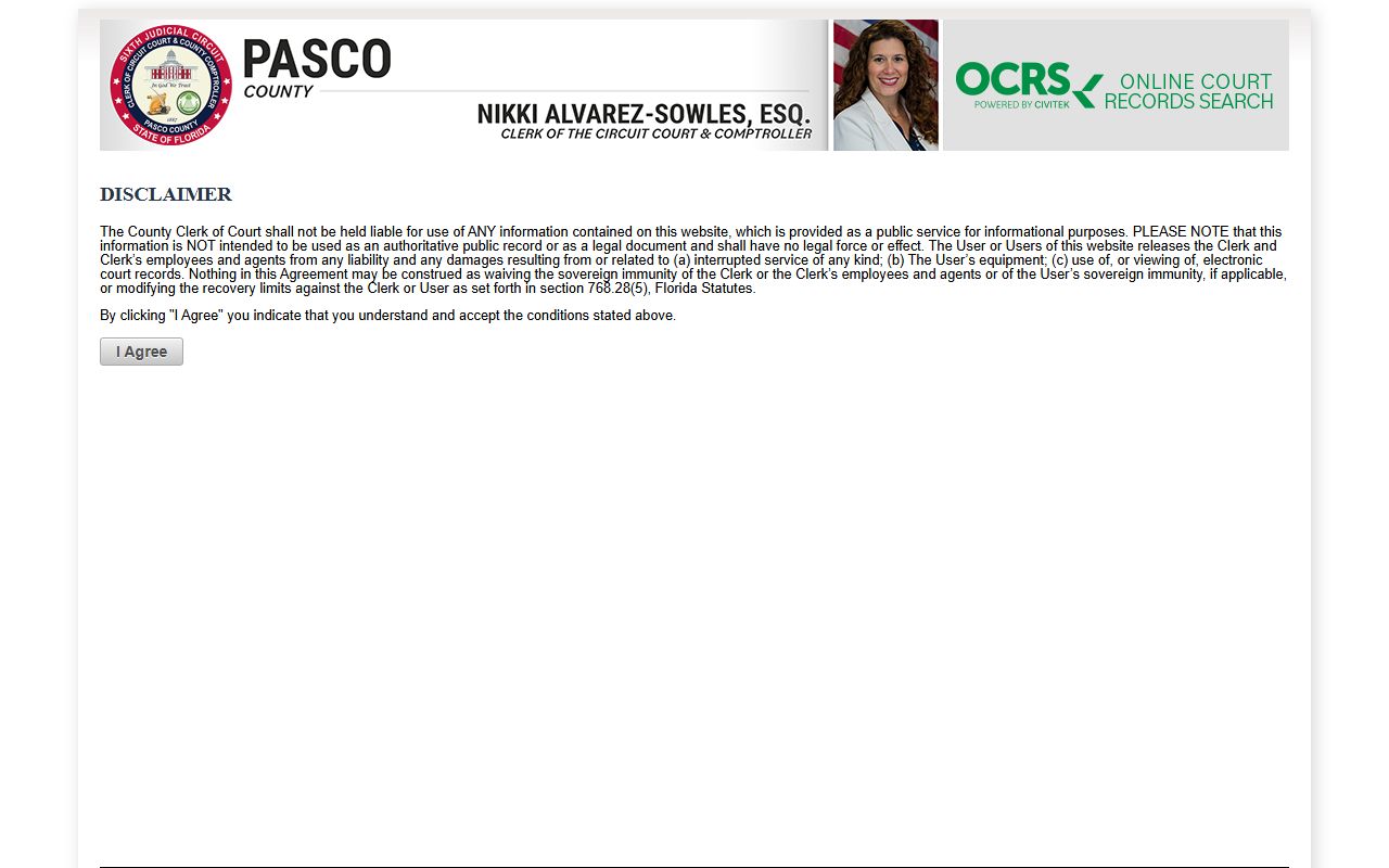 Pasco County court records OCRS public disclaimer page