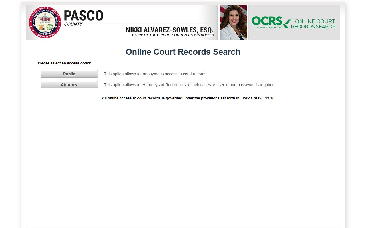 Pasco County Court Records search portal entry page