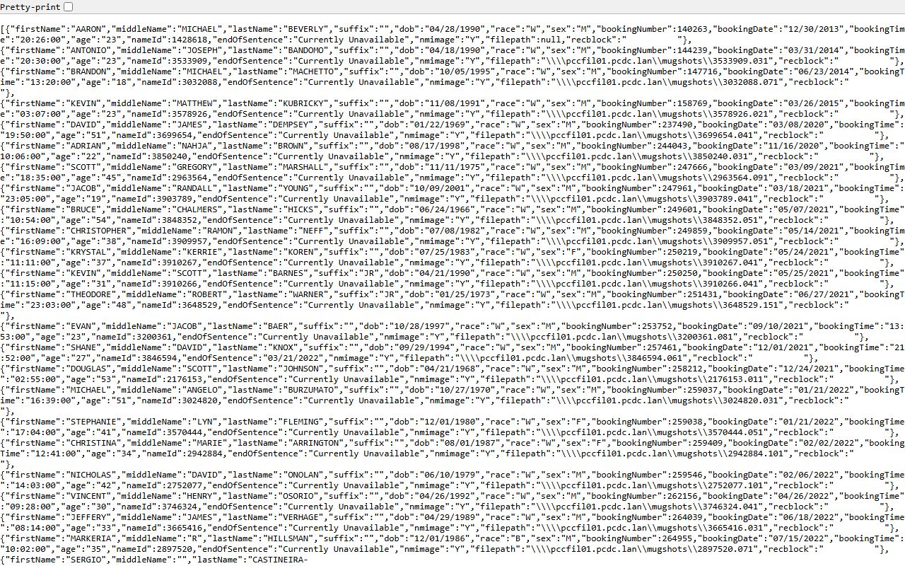 Pasco County inmate population custody search API source
