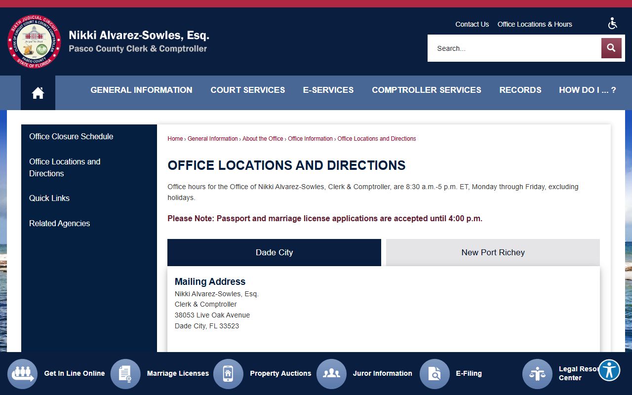 Pasco County Court office locations in Dade City and New Port Richey