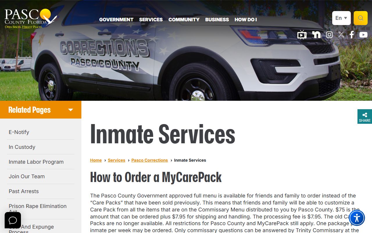 Pasco County inmate records Inmate Services page