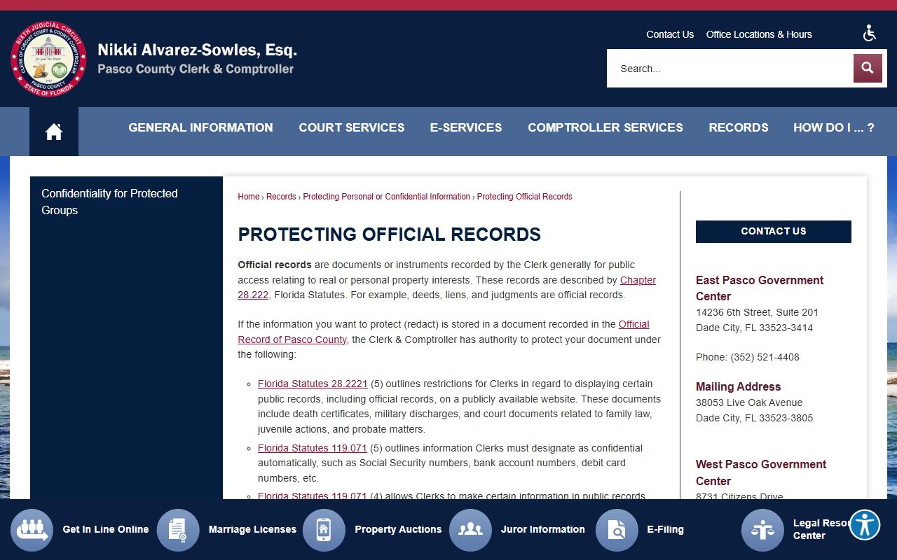 Pasco County public records protecting official records redaction page