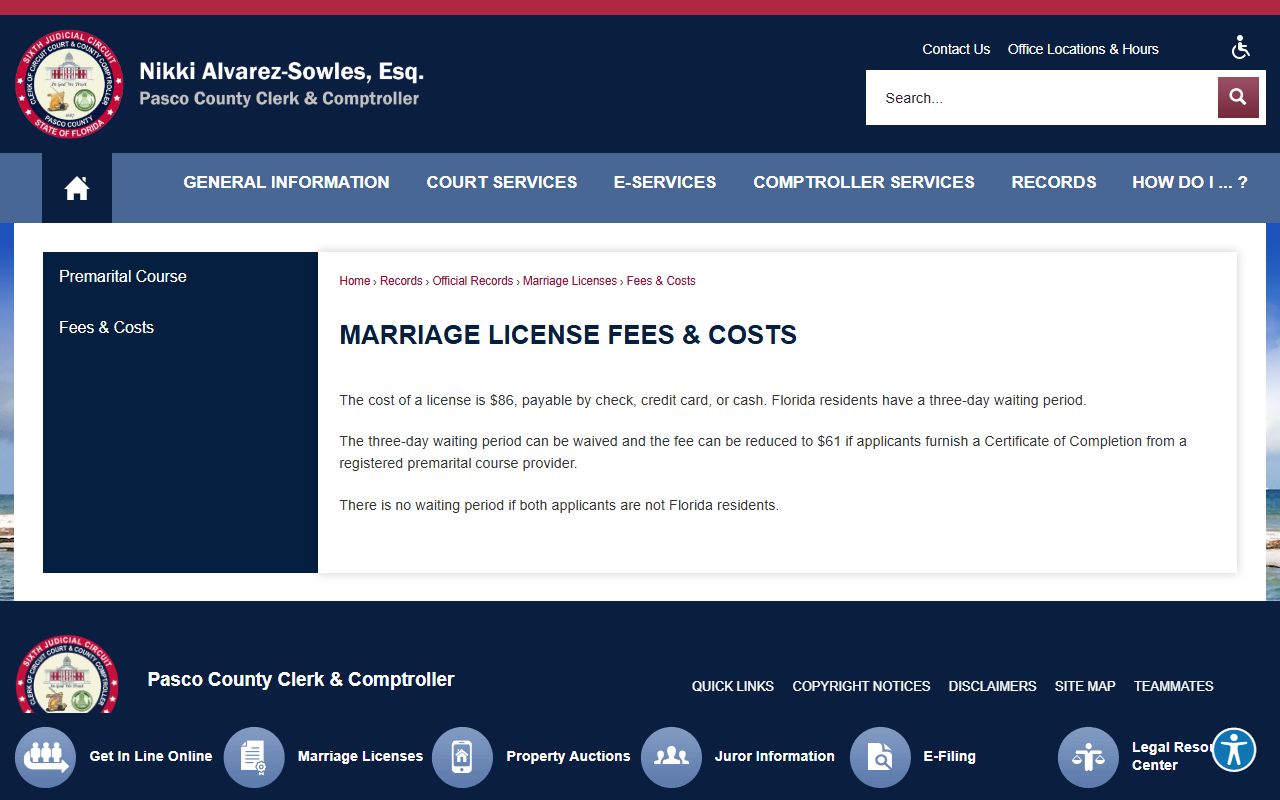 Pasco County marriage and divorce records, marriage license fee schedule