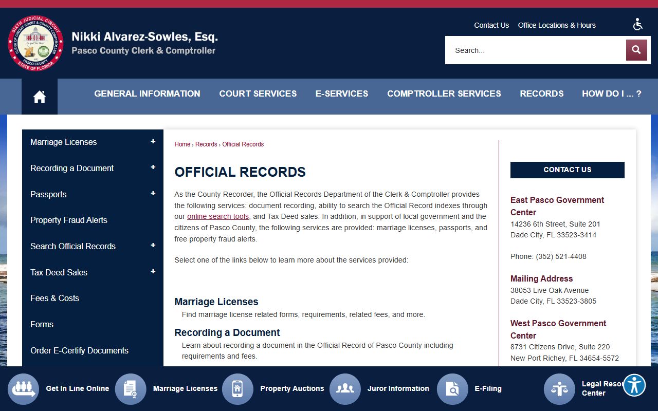 Pasco County public records official records division page