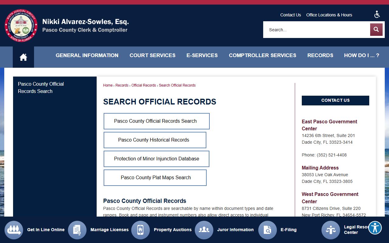 Pasco County public records official records search page