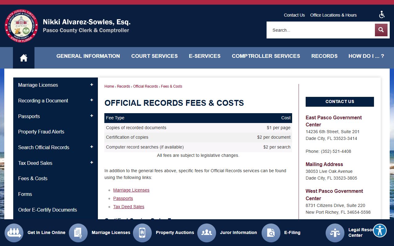 Pasco County public records official records fee schedule