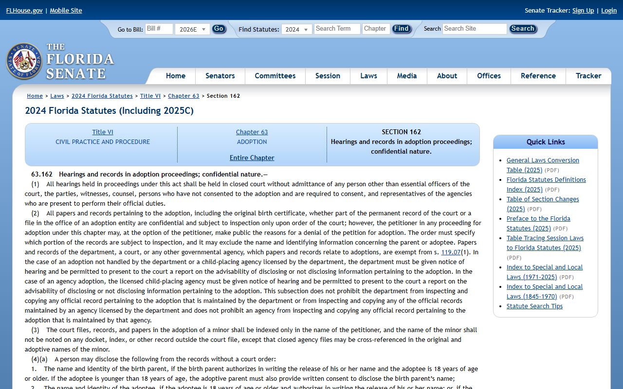 Florida Statutes 63.162 adoption confidentiality affecting Pasco County probate records