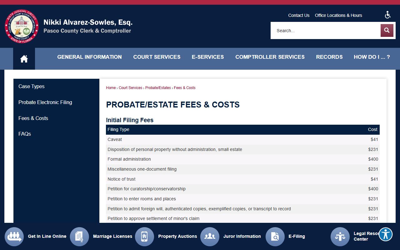 Pasco County probate records filing fee schedule from the Clerk