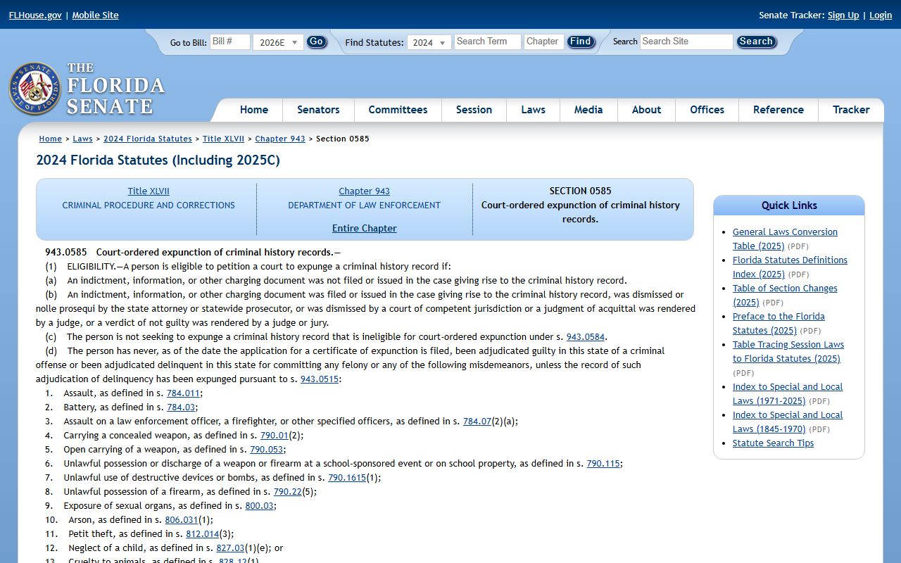 Florida Statutes 943.0585 expunction for Pasco County criminal records