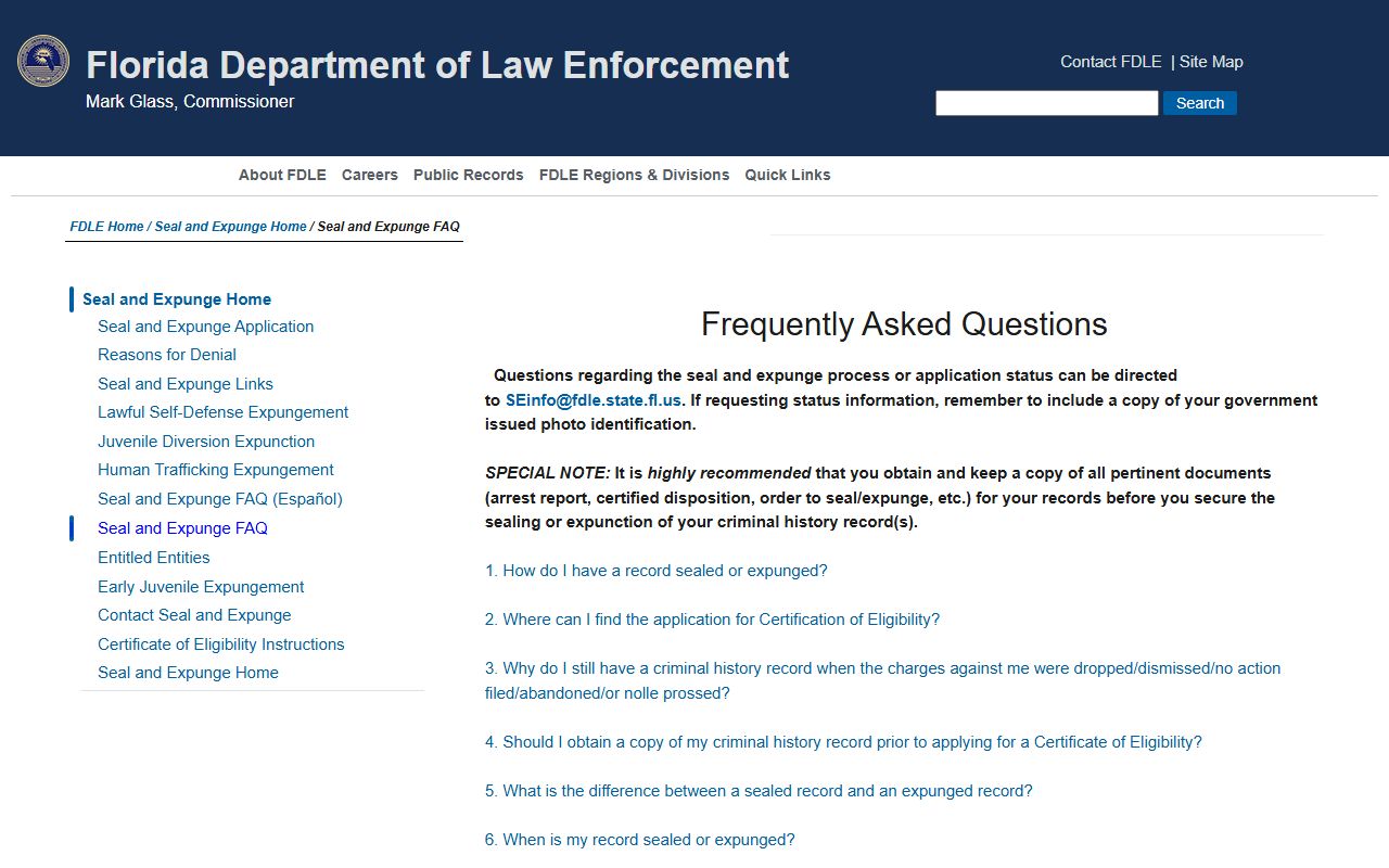 FDLE seal and expunge process for Pasco County criminal records