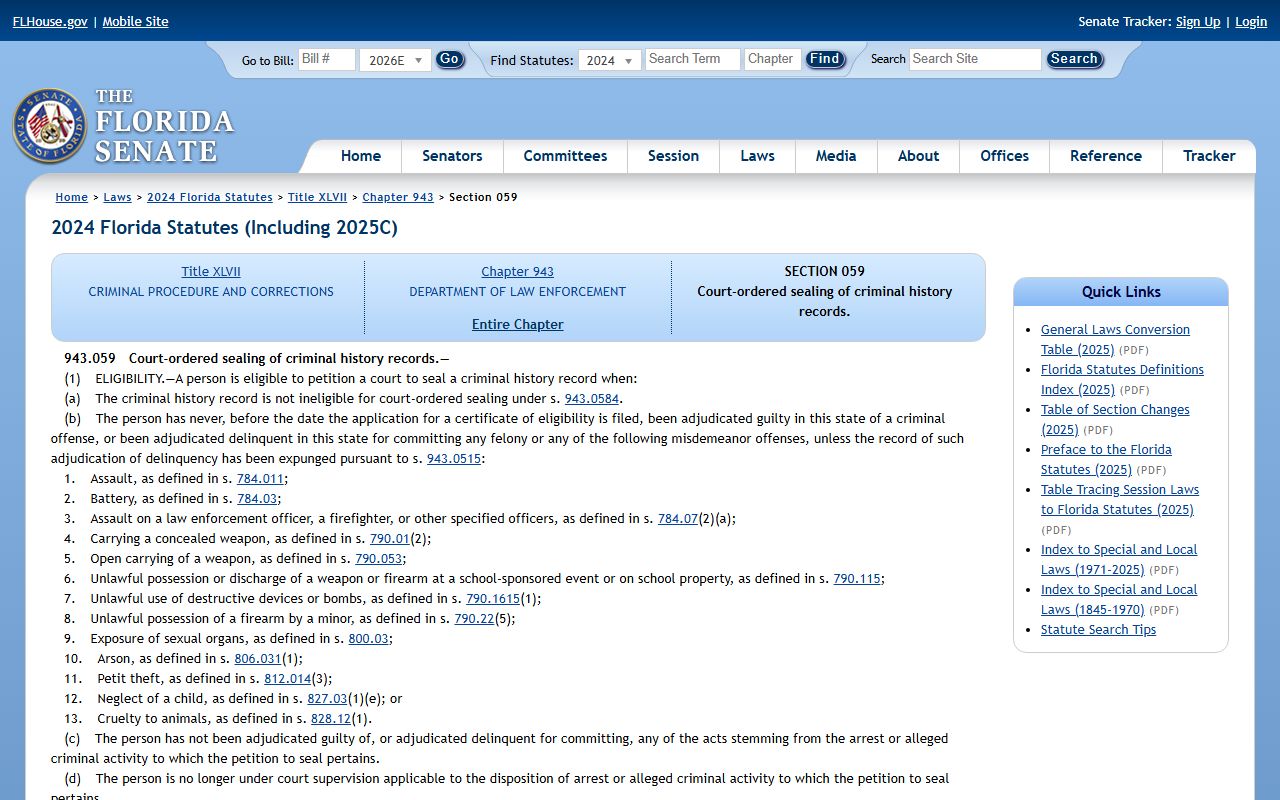 Florida Statutes 943.059 sealing for Pasco County criminal records