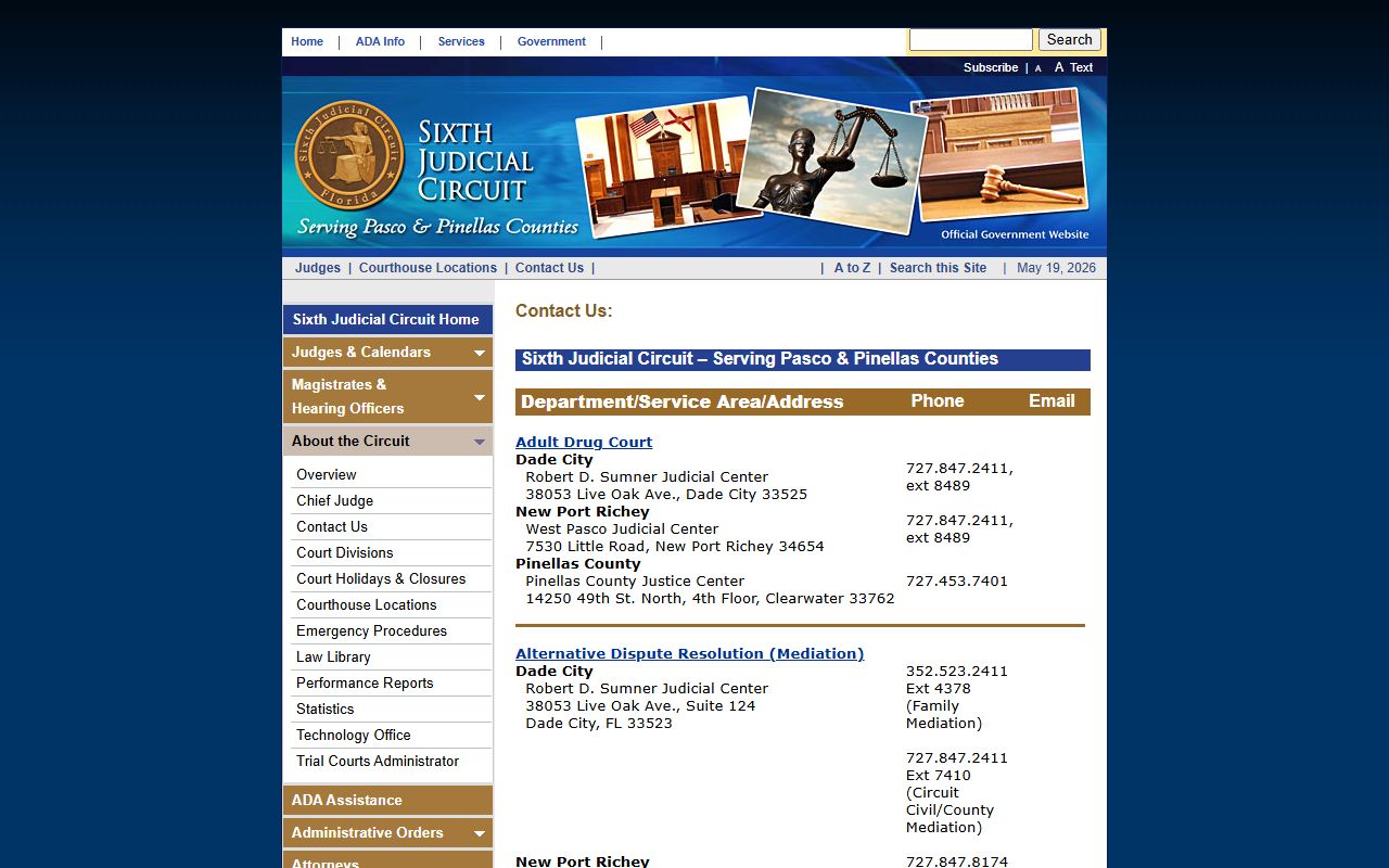 Sixth Circuit contact page for the Pasco County Circuit Court facilities